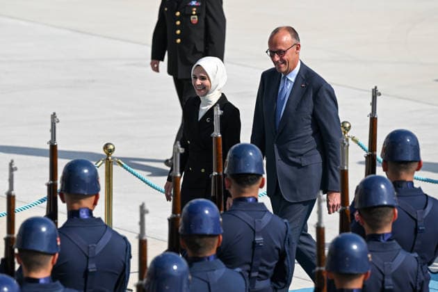 German Chancellor Friedrich Merz arrives Ankara for 36th NATO Summit ANKARA, TURKIYE - JULY 07: German Chancellor Friedrich Merz and his wife Charlotte Merz arrive at Ankara Airport ahead of the 36th NATO Summit in Ankara, Turkiye, on July 7, 2026. Turkish Minister of Family and Social Services Mahinur Ozdemir Goktas welcomes Chancellor Merz upon his arrival at the airport. Abdullah Guclu Anadolu Ankara Turkey. Editorial use only. Please get in touch for any other usage.  Copyright: x2026xAnadoluxAbdullahxGuclux