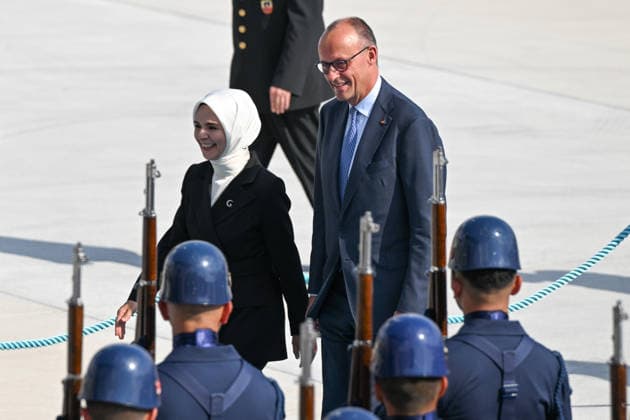 German Chancellor Friedrich Merz arrives Ankara for 36th NATO Summit ANKARA, TURKIYE - JULY 07: German Chancellor Friedrich Merz and his wife Charlotte Merz arrive at Ankara Airport ahead of the 36th NATO Summit in Ankara, Turkiye, on July 7, 2026. Turkish Minister of Family and Social Services Mahinur Ozdemir Goktas welcomes Chancellor Merz upon his arrival at the airport. Abdullah Guclu Anadolu Ankara Turkey. Editorial use only. Please get in touch for any other usage.  Copyright: x2026xAnadoluxAbdullahxGuclux
