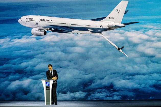 July 7, 2026, Ankara, Turkiye, Turkiye: NATO Secretary General MARK RUTTE stands before a screen showing an Airbus A330 MRTT during the NATO Summit Defence Industry Forum in Ankara, Turkiye. Allies announced the forthcoming delivery of the tenth aircraft to NATOÃ¢â‚¬â ¢s Multinational Multi-Role Tanker Transport Fleet, bringing the shared fleet closer to its planned total of 12 aircraft. Ankara Turkiye - ZUMAo116 20260707_znp_o116_015 Copyright: xBiancaxOterox