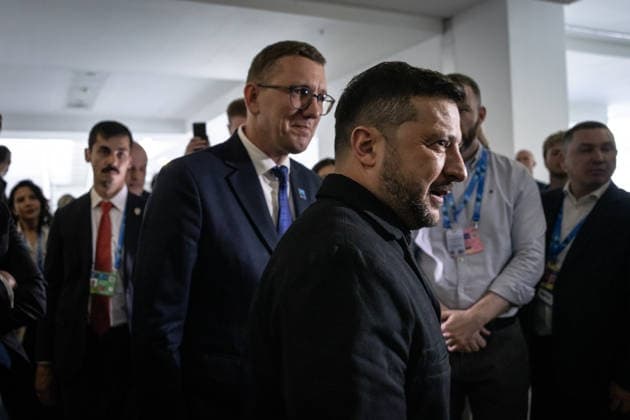 Ukrainian President Volodymyr Zelenskyy holds talks in Ankara ANKARA, TURKIYE - JULY 7: Ukrainian President Volodymyr Zelenskyy meets with Estonian Prime Minister Kristen Michal during the Defence Industry Forum held within the scope of the 36th NATO Heads of State and Government Summit at ATO Congresium in Ankara, Turkiye, on July 7, 2026. Ozge Elif Kizil Anadolu Ankara Turkey. Editorial use only. Please get in touch for any other usage.  Copyright: x2026xAnadoluxOzgexElifxKizilx