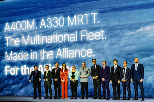 July 7, 2026, Ankara, Turkiye, Turkiye: NATO Secretary General MARK RUTTE (5th R) gestures on stage alongside European defence ministers, senior military delegates, and industry executives during the NATO Summit Defence Industry Forum at the ATO Congresium in Ankara. The presentation, titled A400M. A330 MRTT. The Multinational Fleet. Made in the Alliance. For the Alliance, celebrated Finland officially joining the Multinational MRTT Fleet (MMF) as its ninth member nation and marked the launch of a new, modelled-after-it shared Airbus A400M military transport aircraft programme. Ankara Turkiye  - ZUMAo116 20260707_znp_o116_017 Copyright: xBiancaxOterox
