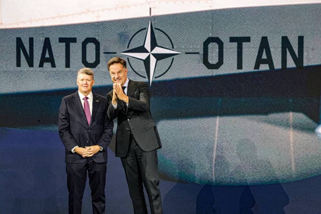 July 7, 2026, Ankara, Turkiye, Turkiye: Northrop Grumman Vice President International FRANK MORLEY (L) and NATO Secretary General MARK RUTTE (R) gesture towards someone offstage during the NATO Summit Defence Industry Forum at the ATO Congresium in Ankara, Turkey, Tuesday, July 7, 2026. The pair announced a major expansion of NATO maritime and airborne intelligence, surveillance, and reconnaissance (ISR) capabilities following a joint agreement by four alliance nations to purchase up to five MQ-4C Triton high-altitude surveillance drones from United States defence manufacturer Northrop Grumman. Ankara Turkiye - ZUMAo116 20260707_znp_o116_019 Copyright: xBiancaxOterox