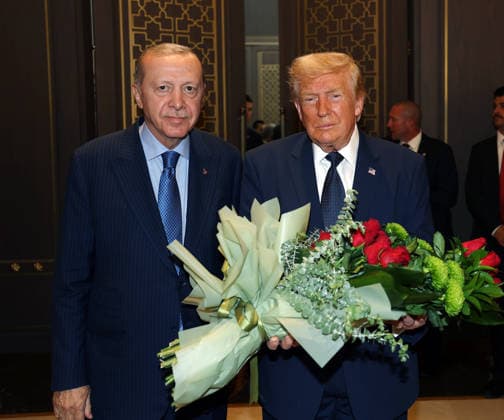 Turkish President Recep Tayyip ErdoÄüan welcomes U.S. President Donald Trump at the BeÅütepe Presidential Complex in Ankara on Tuesday, July 7, 2026, during a formal ceremony marking the NATO summit.  TUR2026070703 TurkishxPresidencyxOffice