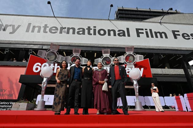 The 60th Karlovy Vary International Film Festival continued on its fifth day, in Karlovy Vary, Czech Republic, on July 7, 2026. A delegation of filmmakers presented the competition film Five Years and Four Months , a co-production between Colombia and the United States. From left: cinematographer Paula Moreno, director Esteban Hoyos Garcia, actress Jenny Nava, actress Carmina Martinez and director Juan Miguel Gelacio. (CTKxPhoto SlavomirxKubes) CTKPhotoP2026070707303  CTKPhotoP2026070707303