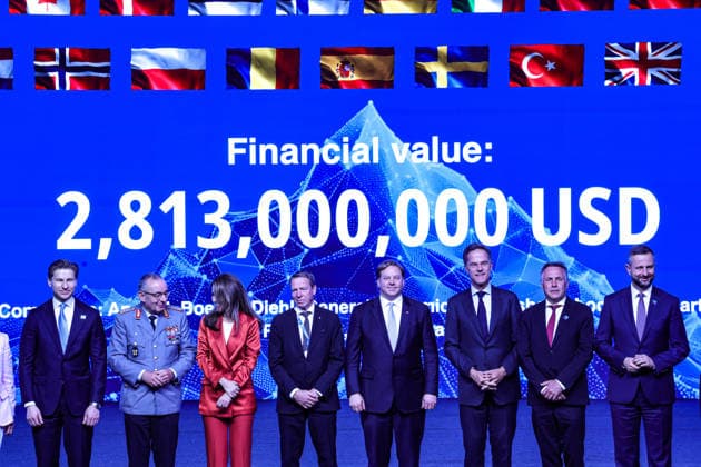 July 7, 2026, Ankara, Turkiye, Turkiye: NATO Deputy Spokesperson MARK SANDERS (4th R) and NATO Secretary General MARK RUTTE (3rd right) stand on stage with international defence ministers, military commanders, and industry executives in front of a digital screen displaying a total contract value of 2,813,000,000 USD during the NATO Summit Defence Industry Forum at the ATO Congresium. Ankara Turkiye - ZUMAo116 20260707_znp_o116_025 Copyright: xBiancaxOterox