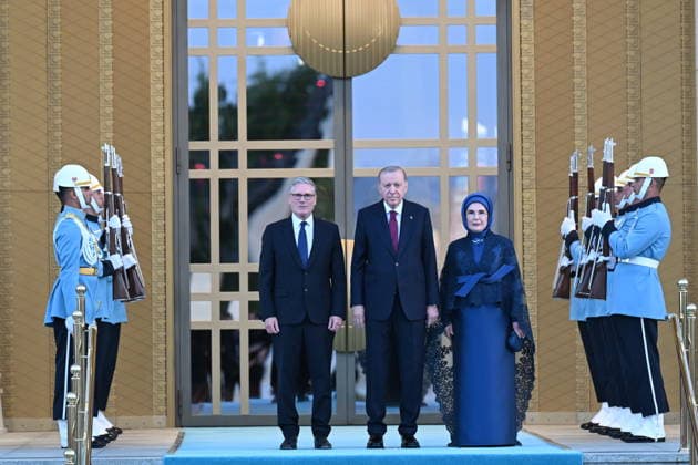 NATO Ankara Summit ANKARA, TURKIYE - JULY 7: Turkish President Recep Tayyip Erdogan and his wife Emine Erdogan welcome British Prime Minister Keir Starmer during a reception hosted for heads of state and government attending the 36th NATO Summit and their spouses at the Presidential Complex in Ankara, Turkiye, on July 7, 2026. Mehmet Ali Ozcan Anadolu Ankara Turkey. Editorial use only. Please get in touch for any other usage.  Copyright: x2026xAnadoluxMehmetxAlixOzcanx