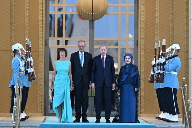 NATO Ankara Summit ANKARA, TURKIYE - JULY 7: Turkish President Recep Tayyip Erdogan (2nd R) and his wife Emine Erdogan (R) welcome German Chancellor Friedrich Merz (2nd L) and his wife, Charlotte Merz (L) during a reception hosted for heads of state and government attending the 36th NATO Summit and their spouses at the Presidential Complex in Ankara, Turkiye, on July 7, 2026. Mehmet Ali Ozcan Anadolu Ankara Turkey. Editorial use only. Please get in touch for any other usage.  Copyright: x2026xAnadoluxMehmetxAlixOzcanx