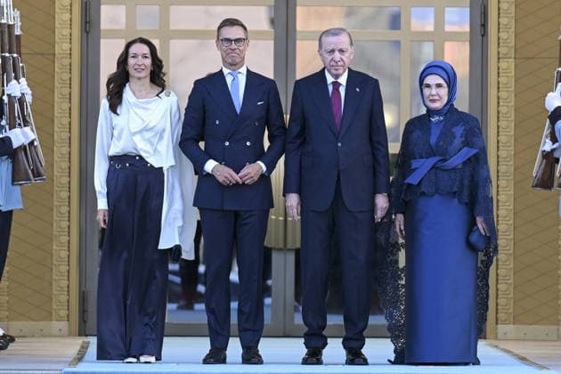 36th NATO Summit in Ankara ANKARA, TURKIYE - JULY 7: Turkish President Recep Tayyip Erdogan and his wife Emine Erdogan welcome Finnish President Alexander Stubb and his wife Suzanne Innes-Stubb during a reception hosted in honor of heads of state, heads of government and their spouses attending the 36th NATO Summit at the Presidential Complex in Ankara, Turkiye on July 7, 2026. Mehmet Ali Ozcan Anadolu Ankara Turkey. Editorial use only. Please get in touch for any other usage.  Copyright: x2026xAnadoluxMehmetxAlixOzcanx