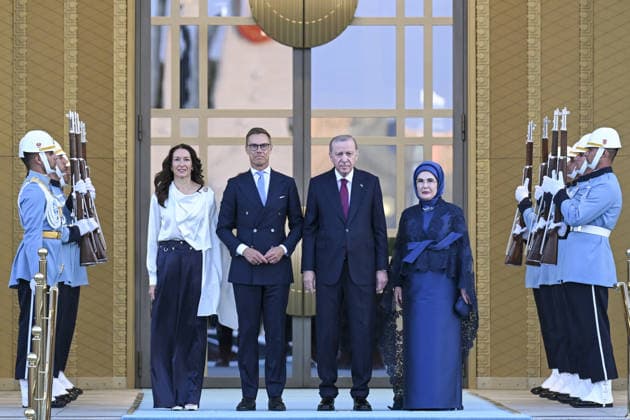 36th NATO Summit in Ankara ANKARA, TURKIYE - JULY 7: Turkish President Recep Tayyip Erdogan and his wife Emine Erdogan welcome Finnish President Alexander Stubb and his wife Suzanne Innes-Stubb during a reception hosted in honor of heads of state, heads of government and their spouses attending the 36th NATO Summit at the Presidential Complex in Ankara, Turkiye on July 7, 2026. Mehmet Ali Ozcan Anadolu Ankara Turkey. Editorial use only. Please get in touch for any other usage.  Copyright: x2026xAnadoluxMehmetxAlixOzcanx