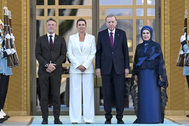 NATO Ankara Summit ANKARA, TURKIYE - JULY 07: Turkish President Recep Tayyip Erdogan and his wife Emine Erdogan welcome Danish Prime Minister Mette Frederiksen during a reception hosted in honor of heads of state, heads of government and their spouses attending the 36th NATO Summit at the Presidential Complex in Ankara, Turkiye, on July 7, 2026. Mehmet Ali Ozcan Anadolu Ankara Turkey. Editorial use only. Please get in touch for any other usage.  Copyright: x2026xAnadoluxMehmetxAlixOzcanx