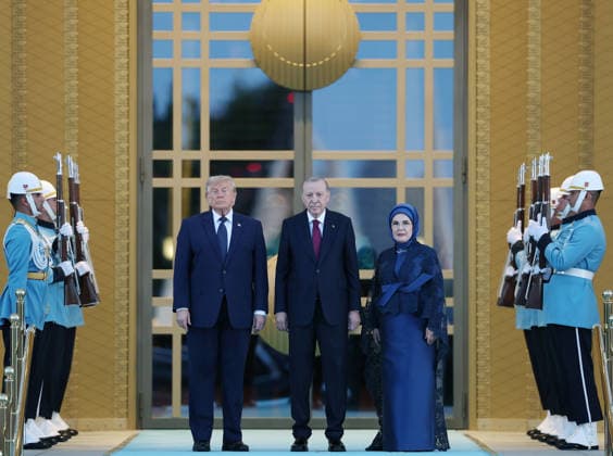 36th NATO Summit in Ankara ANKARA, TURKIYE - JULY 7: (----EDITORIAL USE ONLY MANDATORY CREDIT - TURKISH PRESIDENCY MURAT KULA HANDOUT - NO MARKETING NO ADVERTISING CAMPAIGNS - DISTRIBUTED AS A SERVICE TO CLIENTS----) Turkish President Recep Tayyip Erdogan and his wife Emine Erdogan welcome US President Donald Trump during a reception hosted in honor of heads of state, heads of government and their spouses attending the 36th NATO Summit at the Presidential Complex in Ankara, Turkiye on July 7, 2026. TUR Presidency Murat Kula Anadolu Ankara Turkey. Editorial use only. Please get in touch for any other usage.  Copyright: x2026xAnadoluxTURxPresidencyx xMuratxKulax