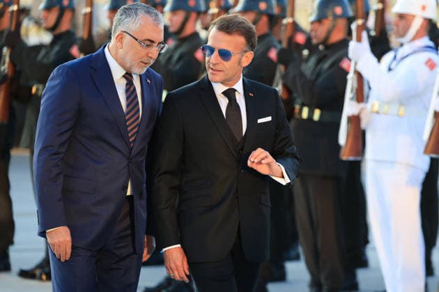 NATO Summit - President Macron Arrives in Turkey - Ankara France s President Emmanuel Macron (R) arrives at Esenboga Airport to attend the 36th NATO Heads of State and Government Summit in Ankara on July 7, 2026. Photo by Ludovic Marin Pool ABACAPRESS.COM Ankara Turkey  Copyright: xMarinxLudovic Pool ABACAx