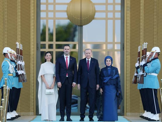 36th NATO Summit in Ankara ANKARA, TURKIYE - JULY 7: (----EDITORIAL USE ONLY MANDATORY CREDIT - TURKISH PRESIDENCY MURAT KULA HANDOUT - NO MARKETING NO ADVERTISING CAMPAIGNS - DISTRIBUTED AS A SERVICE TO CLIENTS----) Turkish President Recep Tayyip Erdogan and his wife Emine Erdogan welcome Montenegrin Prime Minister Milojko Spaji and his wife Milena Tosic Spajic during a reception hosted in honor of heads of state, heads of government and their spouses attending the 36th NATO Summit at the Presidential Complex in Ankara, Turkiye on July 7, 2026. TUR Presidency Murat Kula Anadolu Ankara Turkey. Editorial use only. Please get in touch for any other usage.  Copyright: x2026xAnadoluxTURxPresidencyx xMuratxKulax
