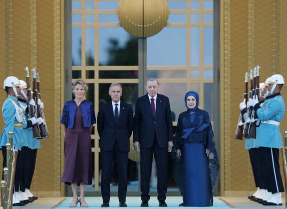 NATO Ankara Summit ANKARA, TURKIYE - JULY 7: (----EDITORIAL USE ONLY - MANDATORY CREDIT - TURKISH PRESIDENCY MURAT KULA HANDOUT - NO MARKETING NO ADVERTISING CAMPAIGNS - DISTRIBUTED AS A SERVICE TO CLIENTS----) Turkish President Recep Tayyip Erdogan and his wife Emine Erdogan welcome Canadian Prime Minister Mark Carney and his wife Diana Fox Carney during a reception hosted for heads of state and government attending the 36th NATO Summit and their spouses at the Presidential Complex in Ankara, Turkiye, on July 7, 2026. Turkish Presidency Murat Kula Handout Anadolu Ankara Turkey. Editorial use only. Please get in touch for any other usage.  Copyright: x2026xAnadoluxTurkishxPresidencyx xMuratxKulax xHandoutx