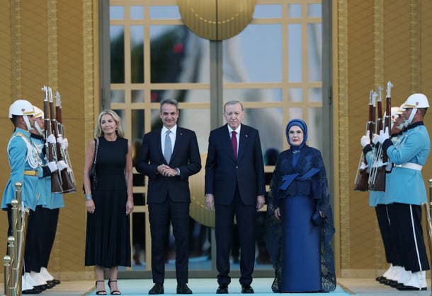 NATO Ankara Summit ANKARA, TURKIYE - JULY 7: (----EDITORIAL USE ONLY - MANDATORY CREDIT - TURKISH PRESIDENCY MURAT KULA HANDOUT - NO MARKETING NO ADVERTISING CAMPAIGNS - DISTRIBUTED AS A SERVICE TO CLIENTS----) Turkish President Recep Tayyip Erdogan and his wife Emine Erdogan welcome Greek Prime Minister Kyriakos Mitsotakis and his wife Mareva Grabowski during a reception hosted for heads of state and government attending the 36th NATO Summit and their spouses at the Presidential Complex in Ankara, Turkiye, on July 7, 2026. Turkish Presidency Murat Kula Handout Anadolu Ankara Turkey. Editorial use only. Please get in touch for any other usage.  Copyright: x2026xAnadoluxTurkishxPresidencyx xMuratxKulax xHandoutx
