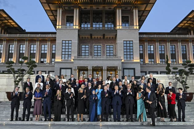 36th NATO Summit in Ankara ANKARA, TURKIYE - JULY 7: Turkish President Recep Tayyip Erdogan and his wife Emine Erdogan pose for a family photo with the summit participants during a reception at the Presidential Complex in honor of heads of state and government, along with their spouses, attending the 36th NATO Summit in Ankara, Turkiye on July 7, 2026. Mehmet Ali Ozcan Anadolu Ankara Turkey. Editorial use only. Please get in touch for any other usage.  Copyright: x2026xAnadoluxMehmetxAlixOzcanx