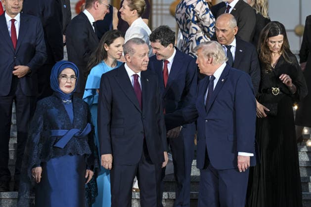 36th NATO Summit in Ankara ANKARA, TURKIYE - JULY 7: Turkish President Recep Tayyip Erdogan and his wife Emine Erdogan pose for a family photo with the summit participants during a reception at the Presidential Complex in honor of heads of state and government, along with their spouses, attending the 36th NATO Summit in Ankara, Turkiye on July 7, 2026. Mehmet Ali Ozcan Anadolu Ankara Turkey. Editorial use only. Please get in touch for any other usage.  Copyright: x2026xAnadoluxMehmetxAlixOzcanx