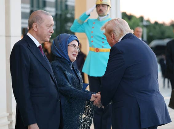 NATO Ankara Summit ANKARA, TURKIYE - JULY 7: (----EDITORIAL USE ONLY - MANDATORY CREDIT - TURKISH PRESIDENCY MURAT CETINMUHURDAR HANDOUT - NO MARKETING NO ADVERTISING CAMPAIGNS - DISTRIBUTED AS A SERVICE TO CLIENTS----) Turkish President Recep Tayyip Erdogan (L) and his wife Emine Erdogan (C) welcome US President Donald Trump (R) during a reception hosted for heads of state and government attending the 36th NATO Summit and their spouses at the Presidential Complex in Ankara, Turkiye, on July 7, 2026. Turkish Presidency Murat Cetinmuhurdar Handout Anadolu Ankara Turkey. Editorial use only. Please get in touch for any other usage.  Copyright: x2026xAnadoluxTurkishxPresidencyx xMuratxCetinmuhurdarx xHandoutx
