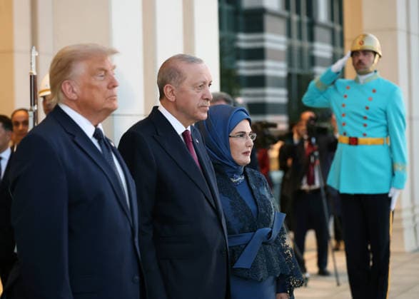 NATO Ankara Summit ANKARA, TURKIYE - JULY 7: (----EDITORIAL USE ONLY - MANDATORY CREDIT - TURKISH PRESIDENCY MURAT CETINMUHURDAR HANDOUT - NO MARKETING NO ADVERTISING CAMPAIGNS - DISTRIBUTED AS A SERVICE TO CLIENTS----) Turkish President Recep Tayyip Erdogan (C) and his wife Emine Erdogan (R) welcome US President Donald Trump (L) during a reception hosted for heads of state and government attending the 36th NATO Summit and their spouses at the Presidential Complex in Ankara, Turkiye, on July 7, 2026. Turkish Presidency Murat Cetinmuhurdar Handout Anadolu Ankara Turkey. Editorial use only. Please get in touch for any other usage.  Copyright: x2026xAnadoluxTurkishxPresidencyx xMuratxCetinmuhurdarx xHandoutx