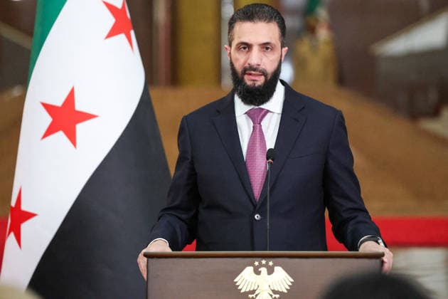 President Macron and President al-Sharaa Joint Press Conference - Damascus Syrian President Ahmed al-Sharaa speaks during a joint press conference with France s President in Damascus on July 7, 2026. French President Emmanuel Macron arrived in Damascus on July 6, 2026 for the first visit by a Western European head of state since Syria s new authorities took power in 2024, an AFP journalist said. Macron, who will depart on July 7, 2026, will advocate for a free, pluralist Syria that respects each of its components and plays a role in moderating Middle East tensions, the French presidency told journalists ahead of his arrival. Photo by Ludovic Marin Pool ABACAPRESS.COM Damascus Syria  Copyright: xMarinxLudovic Pool ABACAx