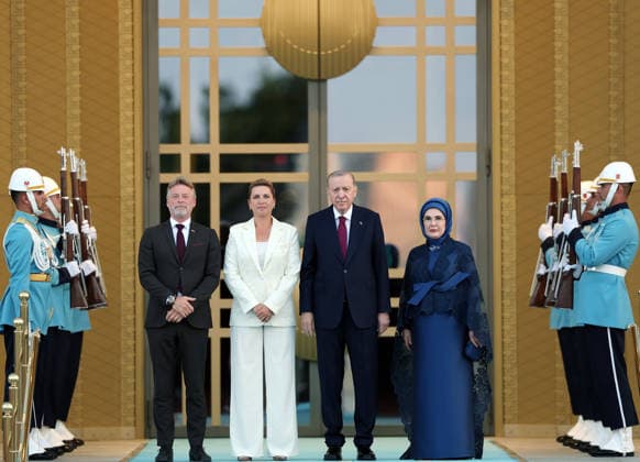 NATO Ankara Summit ANKARA, TURKIYE - JULY 7: (----EDITORIAL USE ONLY - MANDATORY CREDIT - TURKISH PRESIDENCY MURAT KULA HANDOUT - NO MARKETING NO ADVERTISING CAMPAIGNS - DISTRIBUTED AS A SERVICE TO CLIENTS----) Turkish President Recep Tayyip Erdogan (2nd R) and his wife Emine Erdogan (R) welcome Danish Prime Minister Mette Frederiksen (2nd L) during a reception hosted for heads of state and government attending the 36th NATO Summit and their spouses at the Presidential Complex in Ankara, Turkiye, on July 7, 2026. Turkish Presidency Murat Kula Handout Anadolu Ankara Turkey. Editorial use only. Please get in touch for any other usage.  Copyright: x2026xAnadoluxTurkishxPresidencyx xMuratxKulax xHandoutx