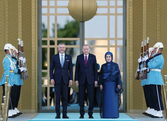 NATO Ankara Summit ANKARA, TURKIYE - JULY 7: (----EDITORIAL USE ONLY - MANDATORY CREDIT - TURKISH PRESIDENCY MURAT KULA HANDOUT - NO MARKETING NO ADVERTISING CAMPAIGNS - DISTRIBUTED AS A SERVICE TO CLIENTS----) Turkish President Recep Tayyip Erdogan and his wife Emine Erdogan welcome Slovakian President Peter Pellegrini during a reception hosted for heads of state and government attending the 36th NATO Summit and their spouses at the Presidential Complex in Ankara, Turkiye, on July 7, 2026. Turkish Presidency Murat Kula Handout Anadolu Ankara Turkey. Editorial use only. Please get in touch for any other usage.  Copyright: x2026xAnadoluxTurkishxPresidencyx xMuratxKulax xHandoutx