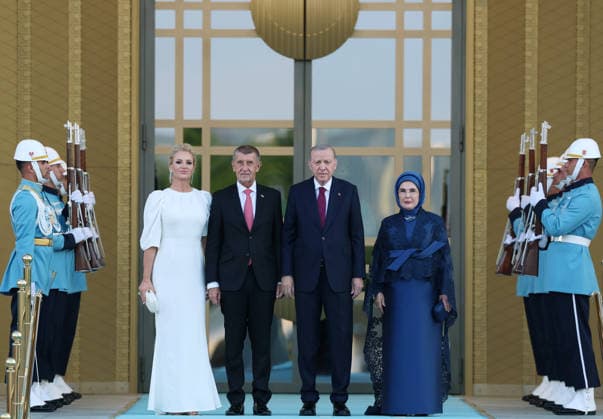 NATO Ankara Summit ANKARA, TURKIYE - JULY 7: (----EDITORIAL USE ONLY - MANDATORY CREDIT - TURKISH PRESIDENCY MURAT KULA HANDOUT - NO MARKETING NO ADVERTISING CAMPAIGNS - DISTRIBUTED AS A SERVICE TO CLIENTS----) Turkish President Recep Tayyip Erdogan and his wife Emine Erdogan welcome Czech Prime Minister Andrej Babis and his wife Monika Babisova during a reception hosted for heads of state and government attending the 36th NATO Summit and their spouses at the Presidential Complex in Ankara, Turkiye, on July 7, 2026. Turkish Presidency Murat Kula Handout Anadolu Ankara Turkey. Editorial use only. Please get in touch for any other usage.  Copyright: x2026xAnadoluxTurkishxPresidencyx xMuratxKulax xHandoutx