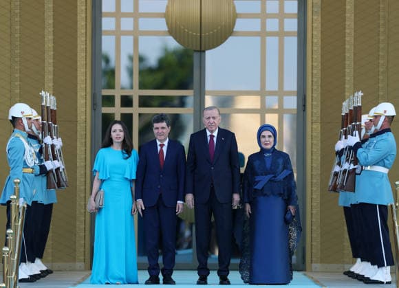 NATO Ankara Summit ANKARA, TURKIYE - JULY 7: (----EDITORIAL USE ONLY - MANDATORY CREDIT - TURKISH PRESIDENCY MURAT KULA HANDOUT - NO MARKETING NO ADVERTISING CAMPAIGNS - DISTRIBUTED AS A SERVICE TO CLIENTS----) Turkish President Recep Tayyip Erdogan and his wife Emine Erdogan welcome Romanian President Nicusor Dan and his wife Mirabela Gradinaru ???during a reception hosted for heads of state and government attending the 36th NATO Summit and their spouses at the Presidential Complex in Ankara, Turkiye, on July 7, 2026. Turkish Presidency Murat Kula Handout Anadolu Ankara Turkey. Editorial use only. Please get in touch for any other usage.  Copyright: x2026xAnadoluxTurkishxPresidencyx xMuratxKulax xHandoutx