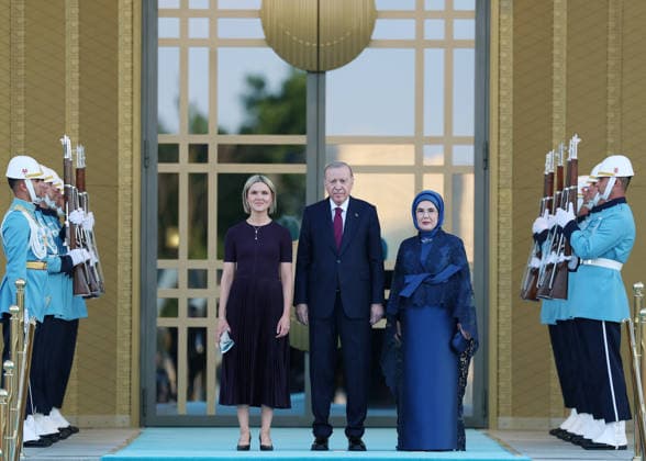 NATO Ankara Summit ANKARA, TURKIYE - JULY 7: (----EDITORIAL USE ONLY - MANDATORY CREDIT - TURKISH PRESIDENCY MURAT KULA HANDOUT - NO MARKETING NO ADVERTISING CAMPAIGNS - DISTRIBUTED AS A SERVICE TO CLIENTS----) Turkish President Recep Tayyip Erdogan and his wife Emine Erdogan welcome Icelandic Prime Minister Kristrun Frostadottir ???during a reception hosted for heads of state and government attending the 36th NATO Summit and their spouses at the Presidential Complex in Ankara, Turkiye, on July 7, 2026. Turkish Presidency Murat Kula Handout Anadolu Ankara Turkey. Editorial use only. Please get in touch for any other usage.  Copyright: x2026xAnadoluxTurkishxPresidencyx xMuratxKulax xHandoutx