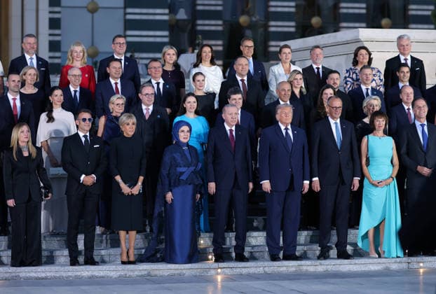 36th NATO Summit in Ankara ANKARA, TURKIYE - JULY 7: (----EDITORIAL USE ONLY MANDATORY CREDIT - TURKISH PRESIDENCY MURAT KULA HANDOUT - NO MARKETING NO ADVERTISING CAMPAIGNS - DISTRIBUTED AS A SERVICE TO CLIENTS----) Turkish President Recep Tayyip Erdogan and his wife Emine Erdogan pose for a family photo with participants during a reception hosted at the Presidential Complex in honor of heads of state and government and their spouses attending the 36th NATO Heads of State and Government Summit in Ankara, Turkiye, on July 7, 2026. Turkish Presidency Murat Kula Handout Anadolu Ankara Turkey. Editorial use only. Please get in touch for any other usage.  Copyright: x2026xAnadoluxTurkishxPresidencyx xMuratxKulax xHandoutx