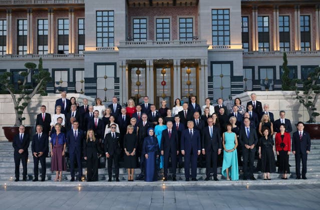 36th NATO Summit in Ankara ANKARA, TURKIYE - JULY 7: (----EDITORIAL USE ONLY MANDATORY CREDIT - TURKISH PRESIDENCY MURAT CETINMUHURDAR HANDOUT - NO MARKETING NO ADVERTISING CAMPAIGNS - DISTRIBUTED AS A SERVICE TO CLIENTS----) Turkish President Recep Tayyip Erdogan and his wife Emine Erdogan pose for a family photo with participants during a reception hosted at the Presidential Complex in honor of heads of state and government and their spouses attending the 36th NATO Heads of State and Government Summit in Ankara, Turkiye, on July 7, 2026. Turkish Presidency Murat Cetinmuhurdar Handout Anadolu Ankara Turkey. Editorial use only. Please get in touch for any other usage.  Copyright: x2026xAnadoluxTurkishxPresidencyx xMuratxCetinmuhurdarx xHandoutx