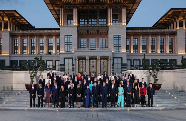 36th NATO Summit in Ankara ANKARA, TURKIYE - JULY 7: (----EDITORIAL USE ONLY MANDATORY CREDIT - TURKISH PRESIDENCY MURAT CETINMUHURDAR HANDOUT - NO MARKETING NO ADVERTISING CAMPAIGNS - DISTRIBUTED AS A SERVICE TO CLIENTS----) Turkish President Recep Tayyip Erdogan and his wife Emine Erdogan pose for a family photo with participants during a reception hosted at the Presidential Complex in honor of heads of state and government and their spouses attending the 36th NATO Heads of State and Government Summit in Ankara, Turkiye, on July 7, 2026. Turkish Presidency Murat Cetinmuhurdar Handout Anadolu Ankara Turkey. Editorial use only. Please get in touch for any other usage.  Copyright: x2026xAnadoluxTurkishxPresidencyx xMuratxCetinmuhurdarx xHandoutx