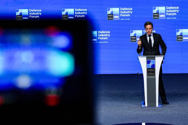 July 7, 2026, Ankara, Turkiye, Turkiye: NATO Secretary General MARK RUTTE makes a point with his hand as he is framed with a the soft-focus silhouette of a camera viewfinder monitor to the left while addressing delegates at the NATO Summit Defence Industry Forum (NSDIF) at the ATO Congresium. Ankara Turkiye  - ZUMAo116 20260707_znp_o116_050 Copyright: xBiancaxOterox
