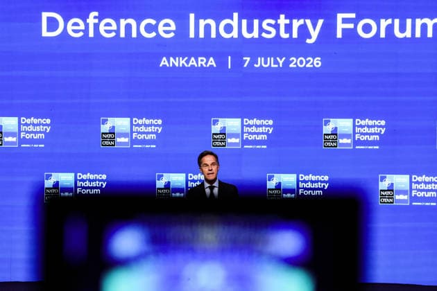 July 7, 2026, Ankara, Turkiye, Turkiye: NATO Secretary General MARK RUTTE is framed behind the soft-focus silhouette of a camera viewfinder monitor while addressing delegates at the NATO Summit Defence Industry Forum (NSDIF) at the ATO Congresium. Ankara Turkiye - ZUMAo116 20260707_znp_o116_048 Copyright: xBiancaxOterox