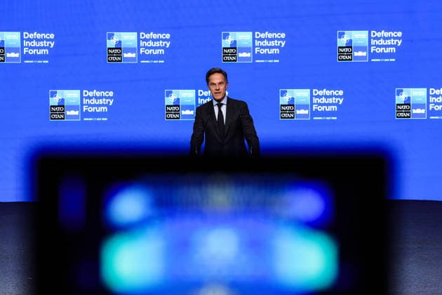 July 7, 2026, Ankara, Turkiye, Turkiye: NATO Secretary General MARK RUTTE is framed behind the soft-focus silhouette of a camera viewfinder monitor while addressing delegates at the NATO Summit Defence Industry Forum (NSDIF) at the ATO Congresium. Ankara Turkiye - ZUMAo116 20260707_znp_o116_049 Copyright: xBiancaxOterox