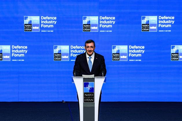 July 7, 2026, Ankara, Turkiye, Turkiye: Turkish Vice President CEVDET YILMAZ delivers a keynote address during the NATO Summit Defence Industry Forum at the ATO Congresium in Ankara. YILMAZ called for the removal of defence trade restrictions, barriers and embargoes among Allies, arguing that deeper industrial cooperation and joint production are necessary to strengthen collective security. Ankara Turkiye  - ZUMAo116 20260707_znp_o116_055 Copyright: xBiancaxOterox