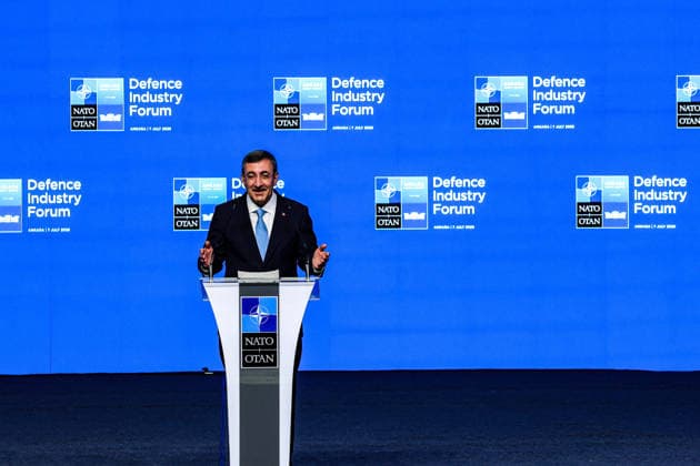 July 7, 2026, Ankara, Turkiye, Turkiye: Turkish Vice President CEVDET YILMAZ delivers a keynote address during the NATO Summit Defence Industry Forum at the ATO Congresium in Ankara. YILMAZ called for the removal of defence trade restrictions, barriers and embargoes among Allies, arguing that deeper industrial cooperation and joint production are necessary to strengthen collective security. Ankara Turkiye - ZUMAo116 20260707_znp_o116_052 Copyright: xBiancaxOterox