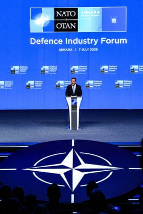 July 7, 2026, Ankara, Turkiye, Turkiye: Turkish Vice President CEVDET YILMAZ delivers a keynote address during the NATO Summit Defence Industry Forum at the ATO Congresium in Ankara. YILMAZ called for the removal of defence trade restrictions, barriers and embargoes among Allies, arguing that deeper industrial cooperation and joint production are necessary to strengthen collective security. Ankara Turkiye  - ZUMAo116 20260707_znp_o116_053 Copyright: xBiancaxOterox