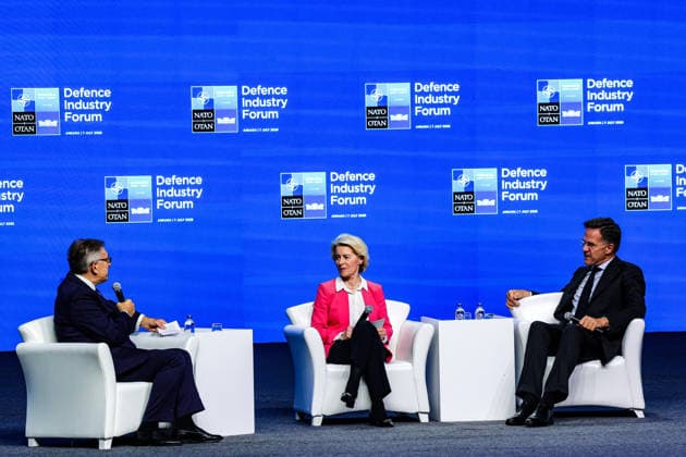 July 7, 2026, Ankara, Turkiye, Turkiye: European Commission President URSULA VON DER LEYEN (C) and NATO Secretary General MARK RUTTE (R) take part in a panel discussion titled Ã¢â‚¬oeThe Capability Challenge: A NATO-EU ConversationÃ¢â‚¬Â? during the NATO Summit Defence Industry Forum at the ATO Congresium in Ankara. The session focused on closer NATO-European Union coordination, joint procurement and efforts to expand defence industrial production. Ankara Turkiye  - ZUMAo116 20260707_znp_o116_059 Copyright: xBiancaxOterox