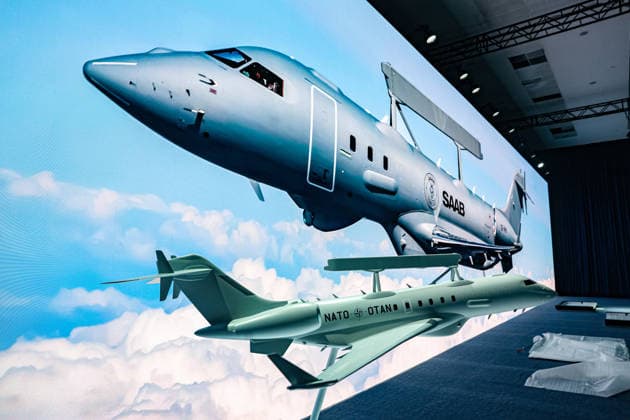 July 7, 2026, Ankara, Turkiye, Turkiye: A scale model of the Saab GlobalEye Airborne Early Warning and Control (AEW&C) aircraft featuring official NATO OTAN livery is displayed on the exhibition floor during the NATO Summit Defence Industry Forum (NSDIF) at the ATO Congresium. Ankara Turkiye  - ZUMAo116 20260707_znp_o116_065 Copyright: xBiancaxOterox