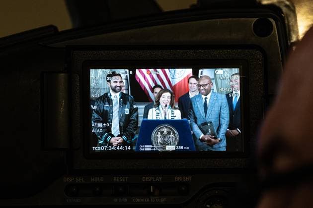 July 7, 2026, Bronx, New York, USA: Governor Kathy Hochul speaks as seen on video camera screen, during announcement the Gotham FC will play at Etihad Park stadium beginning in 2028 at City Hall press briefing in New York, NY on July 7, 2026. Bronx USA  - ZUMAr339 20260707_znp_r339_026 Copyright: xLevxRadinx