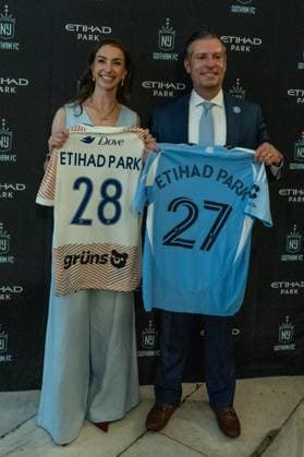 July 7, 2026, Bronx, New York, USA: Carolyn Tisch Blogett, owner of Gotham FC and NYCFC CEO Brad Sims attend announcement the Gotham FC will play at Etihad Park stadium beginning in 2028 at City Hall press briefing in New York, NY on July 7, 2026. Bronx USA - ZUMAr339 20260707_znp_r339_014 Copyright: xLevxRadinx