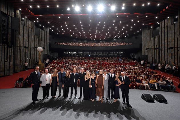 The 60th Karlovy Vary International Film Festival continued on its fifth day, in Karlovy Vary, Czech Republic, on July 7, 2026. A delegation of filmmakers presented the competition film Three Weeks Later (Serbia, Bulgaria, Italy, Croatia, Luxembourg) in the Grand Ballroom of the Thermal Hotel. Director Miroslav Terzic is standing right (wearing glasses and a goatee beard). (CTKxPhoto SlavomirxKubes) CTKPhotoP2026070709539  CTKPhotoP2026070709539