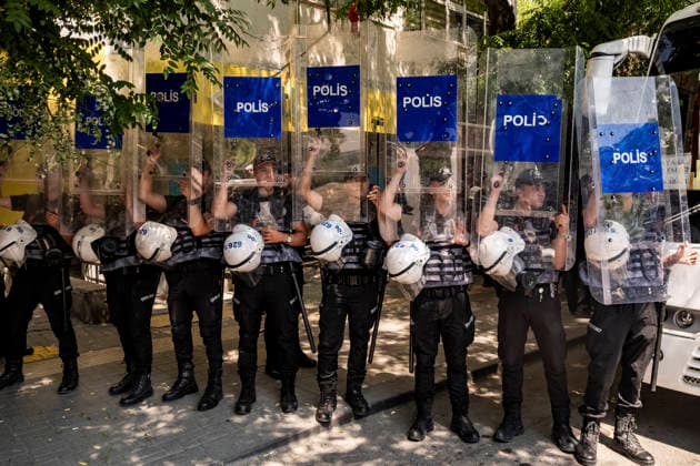 Anti NATO Demonstration Ankara Turkey July 7 Police officers stand in formation holding up their riot shields during an anti-NATO protest in Ankara, Turkey, on July 7, 2026. Ankara is hosting the NATO Summit on July 7-8, bringing together heads of state and government from numerous member countries. As security measures were intensified across the capital, police dispersed the demonstration, detained numerous protesters, and restricted access for journalists. Ankara Ankara Turkey Copyright: xMuratxKocabasx