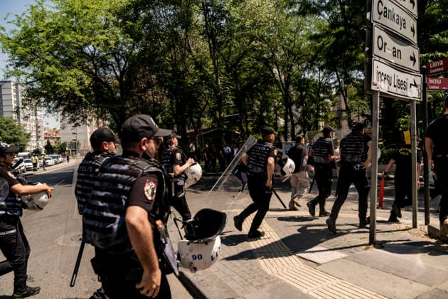 Anti NATO Demonstration Ankara Turkey July 7 Police officers run along a street during an anti-NATO protest in Ankara, Turkey, on July 7, 2026. Ankara is hosting the NATO Summit on July 7-8, bringing together heads of state and government from numerous member countries. As security measures were intensified across the capital, police dispersed the demonstration, detained numerous protesters, and restricted access for journalists. Ankara Ankara Turkey Copyright: xMuratxKocabasx