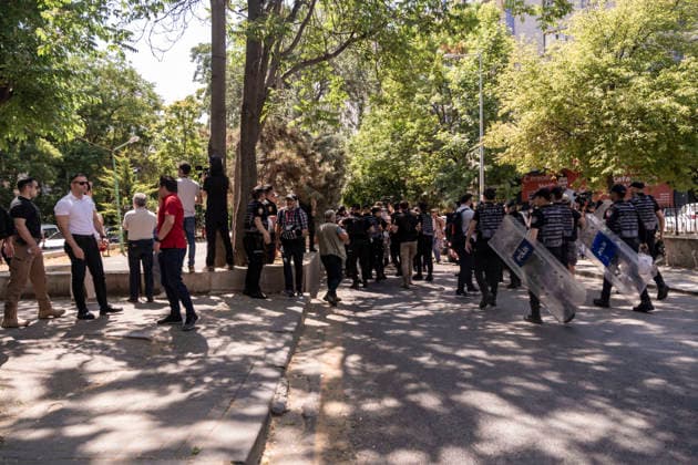 Anti NATO Demonstration Ankara Turkey July 7 Police officers intervene during an anti-NATO protest in Ankara, Turkey, on July 7, 2026. Ankara is hosting the NATO Summit on July 7-8, bringing together heads of state and government from numerous member countries. As security measures were intensified across the capital, police dispersed the demonstration, detained numerous protesters, and restricted access for journalists. Ankara Ankara Turkey Copyright: xMuratxKocabasx