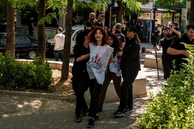 Anti NATO Demonstration Ankara Turkey July 7 Police officers detain two women during an anti-NATO protest in Ankara, Turkey, on July 7, 2026. Ankara is hosting the NATO Summit on July 7-8, bringing together heads of state and government from numerous member countries. As security measures were intensified across the capital, police dispersed the demonstration, detained numerous protesters, and restricted access for journalists. Ankara Ankara Turkey Copyright: xMuratxKocabasx