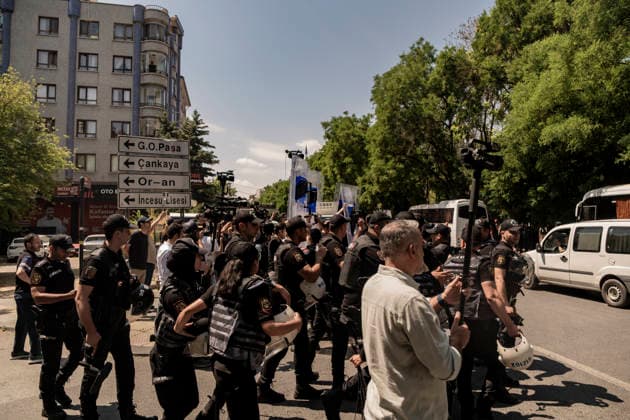 Anti NATO Demonstration Ankara Turkey July 7 Police officers hold riot shields up as they stand in front of journalists and demonstrators during an anti-NATO protest in Ankara, Turkey, on July 7, 2026. Ankara is hosting the NATO Summit on July 7-8, bringing together heads of state and government from numerous member countries. As security measures were intensified across the capital, police dispersed the demonstration, detained numerous protesters, and restricted access for journalists. Ankara Ankara Turkey Copyright: xMuratxKocabasx