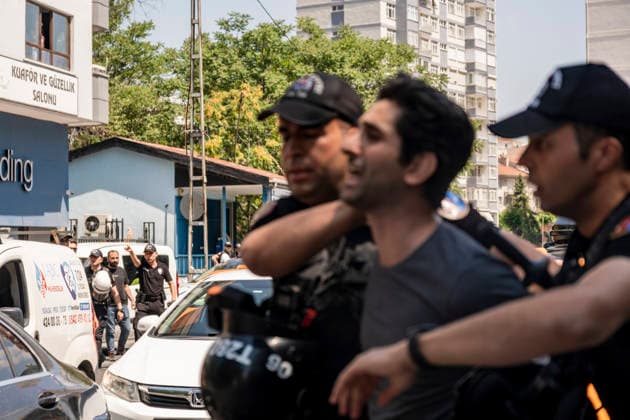 Anti NATO Demonstration Ankara Turkey July 7 Police officers detain a man during an anti-NATO protest in Ankara, Turkey, on July 7, 2026. Ankara is hosting the NATO Summit on July 7-8, bringing together heads of state and government from numerous member countries. As security measures were intensified across the capital, police dispersed the demonstration, detained numerous protesters, and restricted access for journalists. Ankara Ankara Turkey Copyright: xMuratxKocabasx