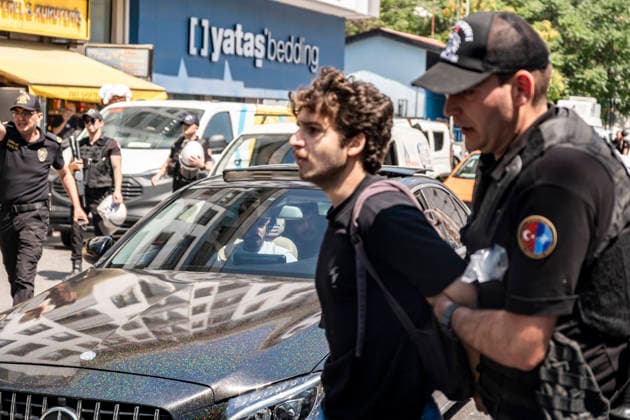 Anti NATO Demonstration Ankara Turkey July 7 Police officers detain a man during an anti-NATO protest in Ankara, Turkey, on July 7, 2026. Ankara is hosting the NATO Summit on July 7-8, bringing together heads of state and government from numerous member countries. As security measures were intensified across the capital, police dispersed the demonstration, detained numerous protesters, and restricted access for journalists. Ankara Ankara Turkey Copyright: xMuratxKocabasx